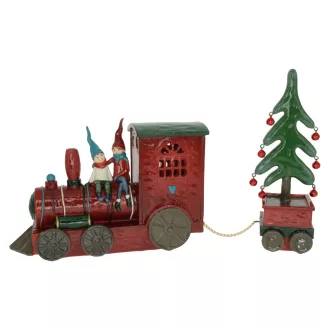   Fém karácsonyi díszvonat manókkal és karácsonyfával – 39 cm