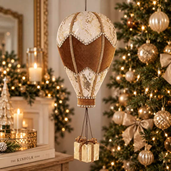 Arany-barna hőlégballon karácsonyfadísz ajándékkal 49 cm