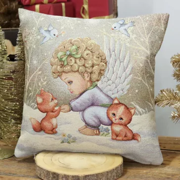   ANGYALKA (KISLÁNY) A HÓBAN CICÁKKAL DÍSZPÁRNA HUZAT, ARANY LUREX