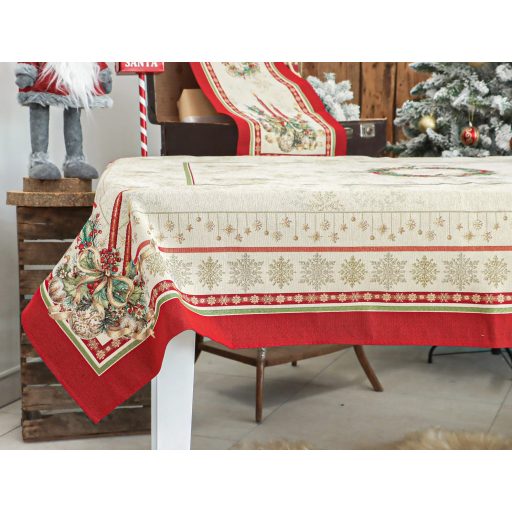 Gyertyás, piros szélű asztalterítő, 137x180 cm, arany lurex