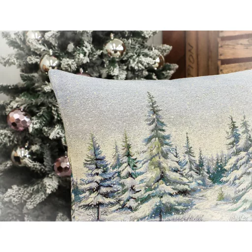 Havas fenyőerdő díszpárna huzat töltettel, 50x70 cm, ezüst lurex