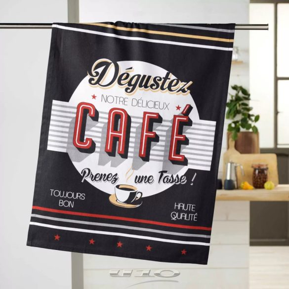 FEKETE SZÍNŰ, CAFÉ FELIRATOS KONYHARUHA 100% PAMUT 50X70 CM