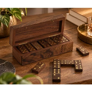   Akácfa dominó szett díszdobozban – barna-arany, 16 × 5,5 × 4,5 cm