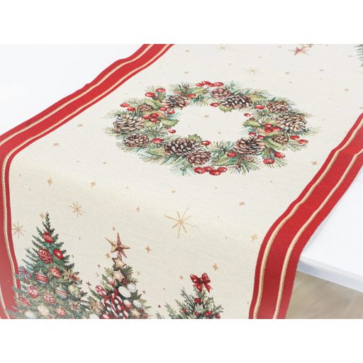 Karácsonyfás, piros szélű asztali futó, 44x140 cm, arany lurex