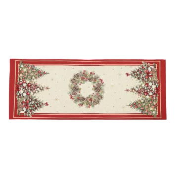   Karácsonyfás, piros szélű asztali futó, 44x140 cm, arany lurex