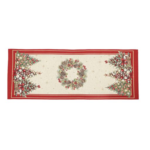 Karácsonyfás, piros szélű asztali futó, 44x140 cm, arany lurex