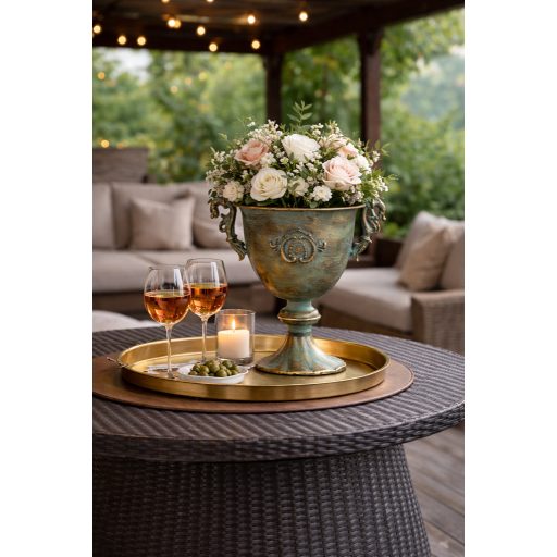 Fém virágtartó serleg – antikolt türkiz-arany