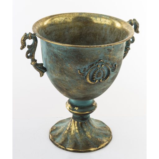 Fém virágtartó serleg – antikolt türkiz-arany