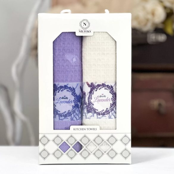 LEVENDULÁS, LAVENDER FELIRATOS KONYHARUHA SZETT DÍSZDOBOZBAN, 2 DB-OS