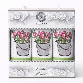 Tulipános, csíkos konyharuha szett díszdobozban, 3 db-os