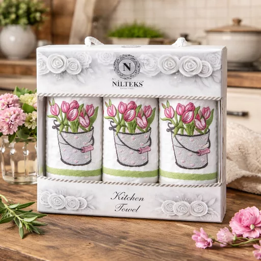 Tulipános, csíkos konyharuha szett díszdobozban, 3 db-os
