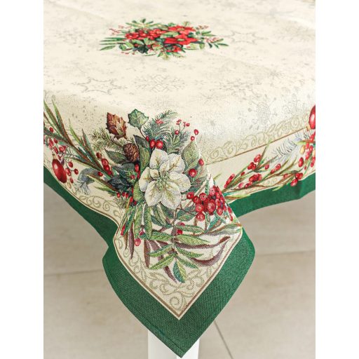 Classic piros bogyós, zöld szélű asztalterítő, 137x180 cm, ezüst lurex