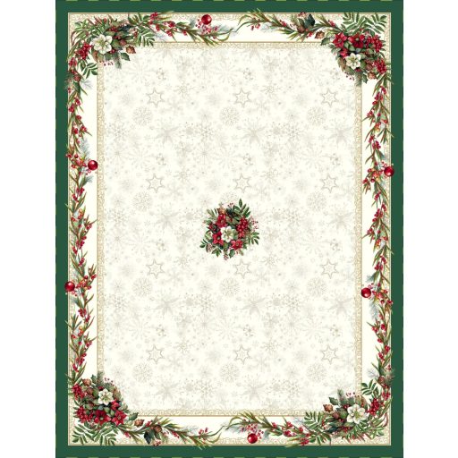 Classic piros bogyós, zöld szélű asztalterítő, 137x180 cm, ezüst lurex