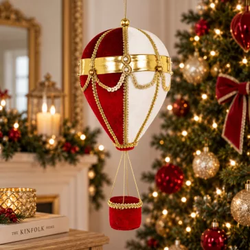   Piros-fehér-arany hőlégballon karácsonyi függődísz 38 cm