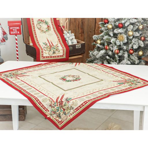 Gyertyás, piros szélű asztalterítő, 96x100 cm, arany lurex