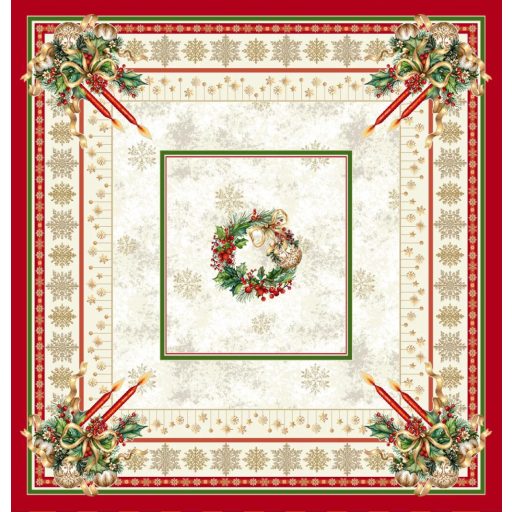 Gyertyás, piros szélű asztalterítő, 96x100 cm, arany lurex