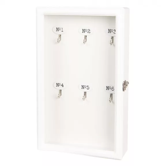 Clayre & Eef fehér fa kulcstartó szekrény üvegajtóval – 24×7×38 cm