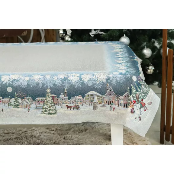 Frosty karácsonyi hóemberes asztalterítő, 137x180 cm, ezüst lurex
