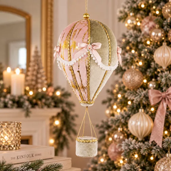 Rózsaszín-arany hőlégballon karácsonyi függődísz 38 cm