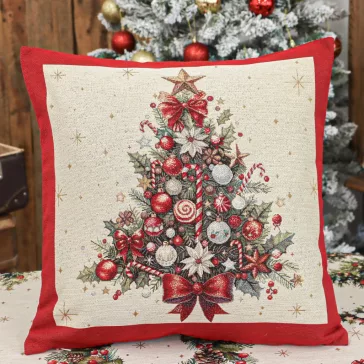 Karácsonyfás, piros szélű díszpárna huzat, arany lurex
