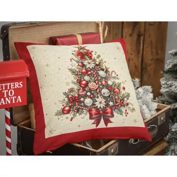 Karácsonyfás, piros szélű díszpárna huzat, arany lurex