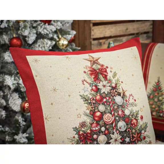 Karácsonyfás, piros szélű díszpárna huzat, arany lurex