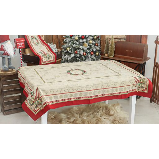 Gyertyás, piros szélű asztalterítő, 137x240 cm, arany lurex