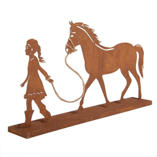 Fém dekoráció – kislány lóval, rusztikus barna, 42x7x22 cm