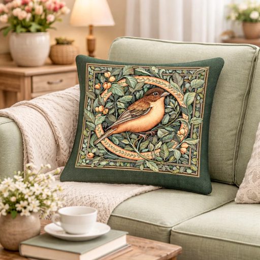 Erdei madár, zöld keretes (A) díszpárna huzat