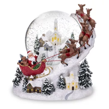   Zenélő, világító karácsonyi hógömb Mikulással – 19 cm