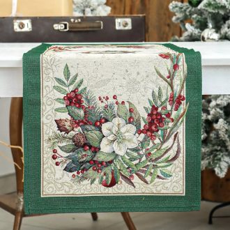   Classic piros bogyós, zöld szélű asztali futó, 44x180 cm, ezüst lurex