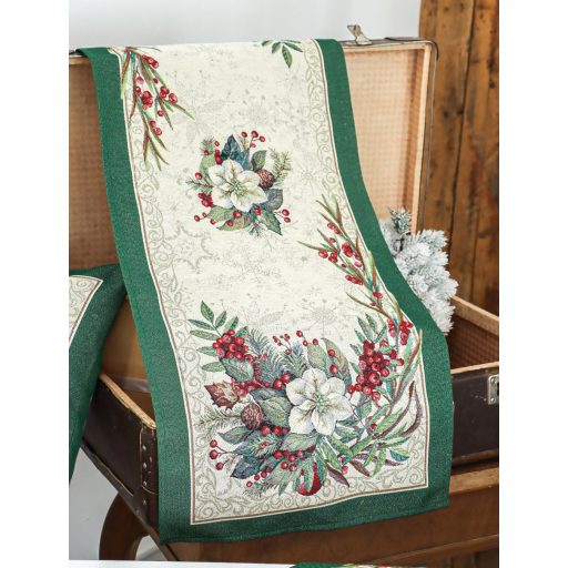 Classic piros bogyós, zöld szélű asztali futó, 44x180 cm, ezüst lurex