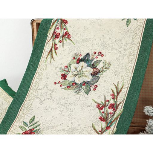 Classic piros bogyós, zöld szélű asztali futó, 44x180 cm, ezüst lurex