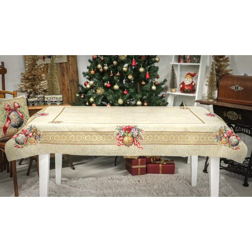 AMIRA KARÁCSONYI GÖMBÖS, PIROS SZALAGOS ASZTALTERÍTŐ, 137X240 CM, ARANY LUREX