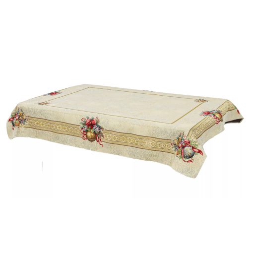 AMIRA KARÁCSONYI GÖMBÖS, PIROS SZALAGOS ASZTALTERÍTŐ, 137X240 CM, ARANY LUREX