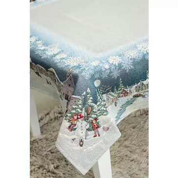  Frosty karácsonyi hóemberes asztalterítő, 137x240 cm, ezüst lurex