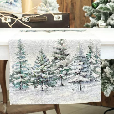 Havas fenyőerdő asztali futó, 37x100 cm, ezüst lurex