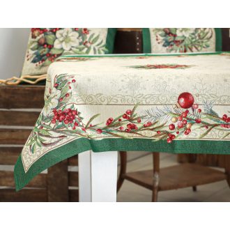   Classic piros bogyós, zöld szélű asztalterítő, 96x100 cm, ezüst lurex