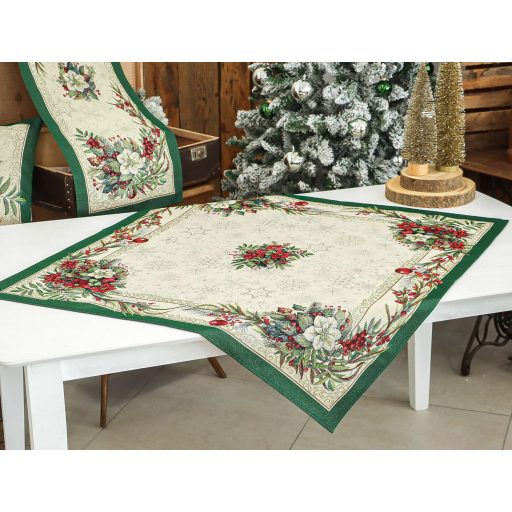 Classic piros bogyós, zöld szélű asztalterítő, 96x100 cm, ezüst lurex