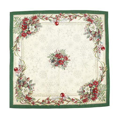 Classic piros bogyós, zöld szélű asztalterítő, 96x100 cm, ezüst lurex