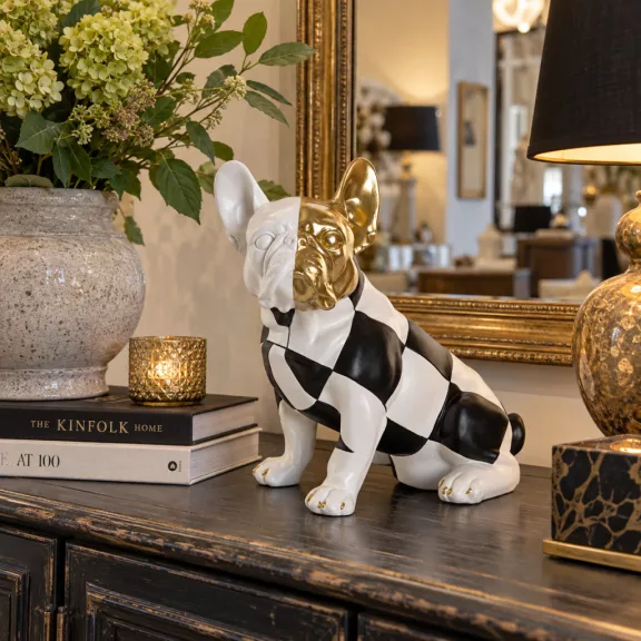 Bulldog kutya szobor – fekete-fehér, arany, 26,5 cm