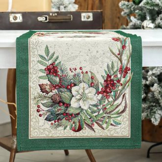   Classic piros bogyós, zöld szélű asztali futó, 44x140 cm, ezüst lurex