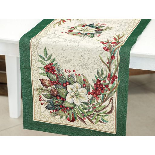 Classic piros bogyós, zöld szélű asztali futó, 44x140 cm, ezüst lurex