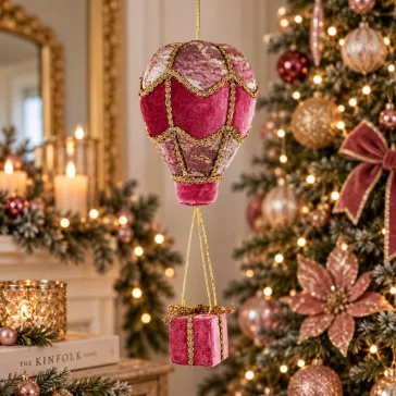   Bordó-rózsaszín-arany hőlégballon karácsonyi függődísz 31 cm