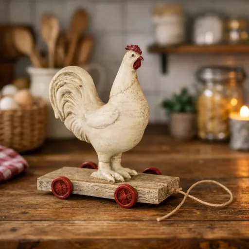 Antikolt fehér kakas kerekeken – rusztikus konyhai dekoráció (15×17 cm)