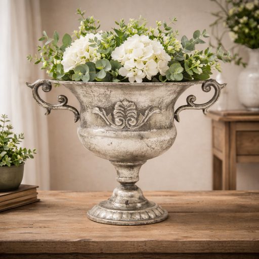 Antikolt fém virágtartó – elegáns, klasszikus dekoráció 37 cm