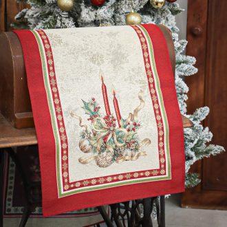   Gyertyás, piros szélű asztali futó, 44x140 cm, arany lurex