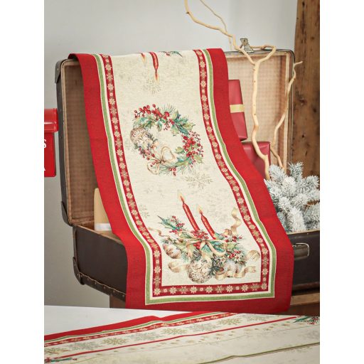 Gyertyás, piros szélű asztali futó, 44x140 cm, arany lurex