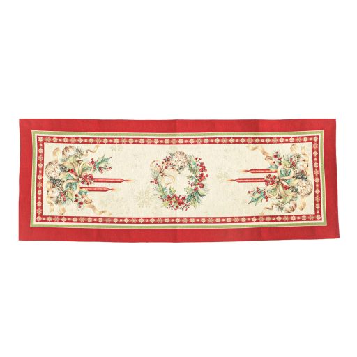 Gyertyás, piros szélű asztali futó, 44x140 cm, arany lurex