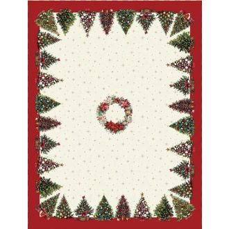   Karácsonyfás, piros szélű asztalterítő, 137x180 cm, arany lurex